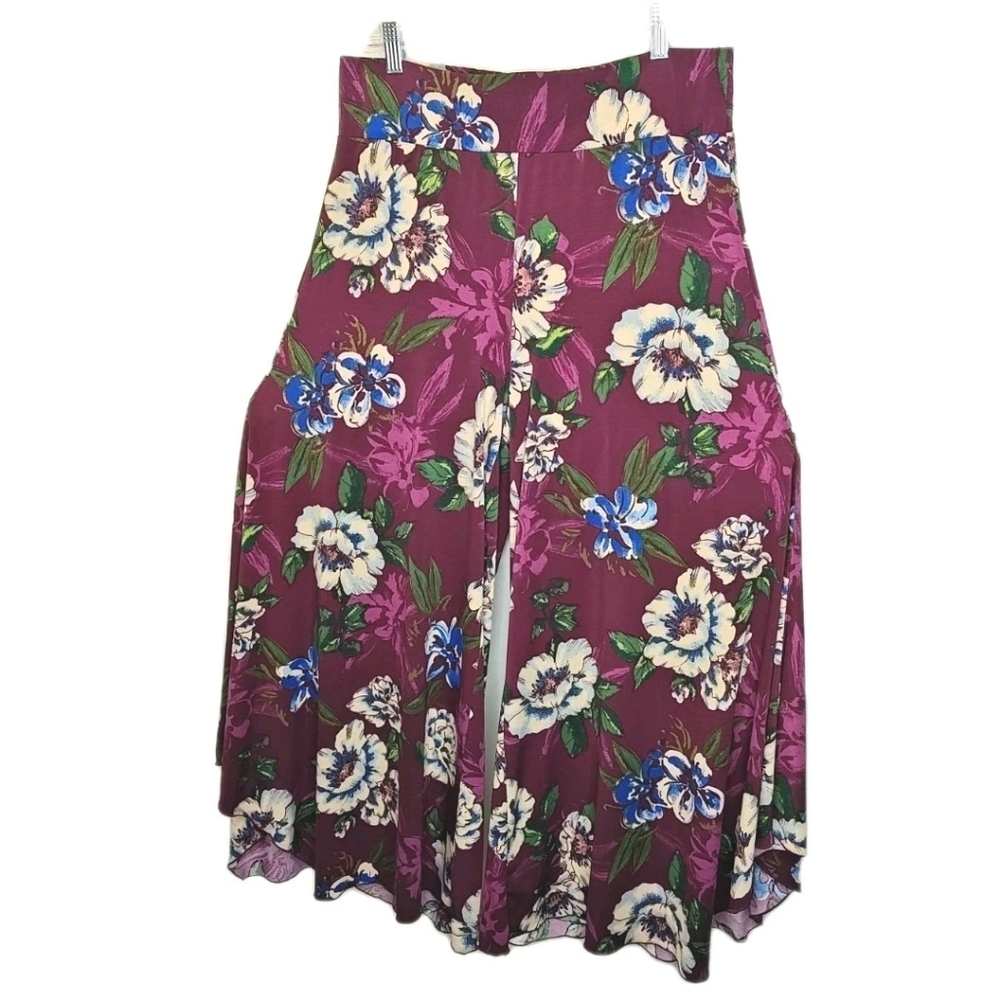 Lagenlook Jasmine High Waisted Wide Leg Capri Pants Med Wine Floral Lettuce Hems